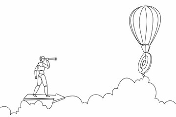 Poster - Continuous one line drawing robots ride arrow and looking with monocular air hot balloon target. Humanoid robot cybernetic organism. Future robotics development. Single line draw design vector graphic