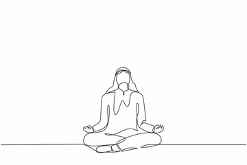 Poster - Single continuous line drawing Arabian businessman doing yoga. Office worker sitting in yoga pose, meditation, relaxing, calm down and manage stress. One line draw graphic design vector illustration
