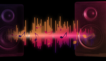 Wall Mural - Modern powerful audio speakers and sound waves on dark background