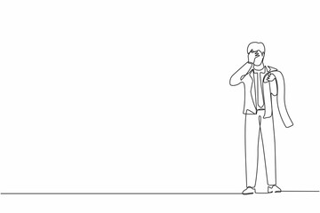 Poster - Single continuous line drawing financial problems and bankruptcy concept. Sad depressed businessman standing thinking about finding money for paying bills during crisis. One line graphic design vector