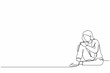 Single one line drawing very sad businesswoman sitting alone on the floor. Depressed young woman disorder, sad, sorrow, disappointment symptom. Continuous line draw design graphic vector illustration
