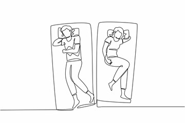 Poster - Single continuous line drawing man and woman are sleeping on the bed, Obsessive couple thoughts. Sexual problems in couple, divorce, depression, insomnia. One line graphic design vector illustration