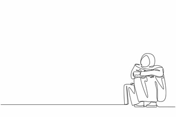 Poster - Continuous one line drawing depressed Arab businesswoman suffer emotion sadness melancholy stress with briefcase sitting in despair on floor. Worker sad gesture expression. Single line design vector