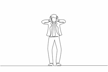 Poster - Continuous one line drawing stressed businessman with headache, hands on his head, migraine, health problems and pain head, emotion, stress work, tired, suffer. Single line design vector illustration