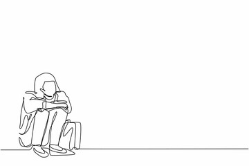 Poster - Continuous one line drawing depressed businesswoman suffer emotion sadness melancholy stress with briefcase sitting in despair on the floor. Worker feeling blue, stress. Single line draw design vector