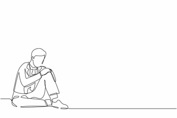 Poster - Single continuous line drawing very sad businessman sitting alone on the floor. Depressed young man disorder, sad, sorrow, disappointment symptom. One line draw graphic design vector illustration