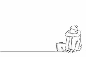Single continuous line drawing depressed businesswoman suffer emotion sadness melancholy stress with briefcase sitting in despair on floor. Worker sad gesture expression. One line draw design vector