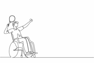 Poster - Single continuous line drawing male athlete with disability playing tennis sitting in wheelchair.  sportsman holding racket and serve the ball. One line draw graphic design vector illustration