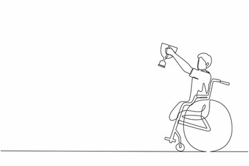 Poster - Continuous one line drawing happy sportsman in wheelchair hold golden cup trophy winner.  person recovery. Game competition, sport training, challenge. Single line draw design vector graphic