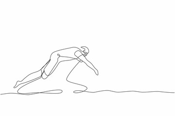 Wall Mural - Continuous one line drawing young disabled person. Man in swimming suit jumping in water without leg. Disability sports. Active life with physical injury. Single line draw design vector illustration