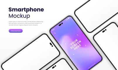 Poster - 3D realistic high quality smartphone mockup isolated with white blank screen. Smart phone mockup collection. Device front view. 3D mobile phone with shadow on white background.