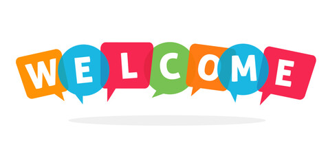 Welcome banner sign blue red green bubbles vector for kids or child funny cute poster graphic illustration with text cartoon illustration colorful modern design image