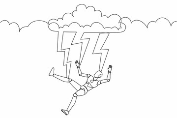 Poster - Single continuous line drawing robot struck by lightning or thunder from dark cloud. Robotic artificial intelligence. Electronic technology industry. One line draw graphic design vector illustration