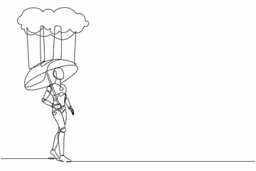 Poster - Continuous one line drawing robot with umbrella stand under rain cloud. Depression, passerby at rainy weather. Humanoid robot cybernetic organism. Single line draw design vector graphic illustration