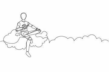 Poster - Single one line drawing robot relaxes and sitting on cloud reading book. Future technology development. Artificial intelligence and machine learning. Continuous line draw design vector illustration