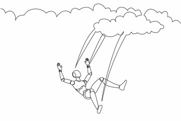 Poster - Continuous one line drawing robot falling from cloud and sky. Failure and defeat. Humanoid robot cybernetic organism. Future robotic development . Single line draw design vector graphic illustration