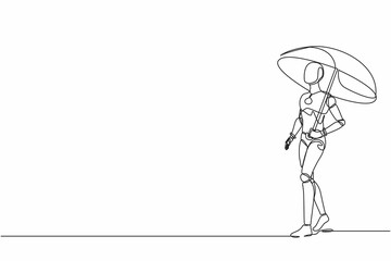 Poster - Single continuous line drawing robot with umbrella walking alone. Depression, passerby at hot weather. Robotic artificial intelligence. Electronic technology. One line draw design vector illustration