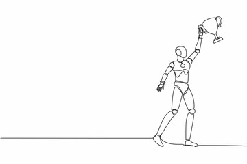 Poster - Single one line drawing robot holding trophy with one hand. Success and goal achievement. Winning competition. Future technology development. continuous line draw design graphic vector illustration