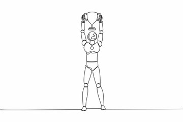 Poster - Continuous one line drawing robot holding trophy with two hands. Showing award celebrates his victory. Humanoid robot cybernetic organism. Future robotic. Single line draw design vector illustration