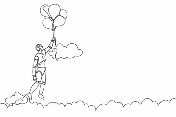 Poster - Single continuous line drawing robot floating with balloon. Robot holding balloon flying through cloud. Robotic artificial intelligence. Electronic technology. One line draw design vector illustration