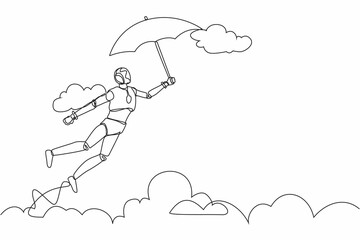 Poster - Single continuous line drawing robot flying in the sky with his umbrella. Modern robotic artificial intelligence. Electronic technology industry. Dynamic one line graphic design vector illustration