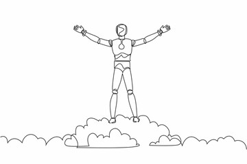 Poster - Continuous one line drawing robot on top of cloud with raised hands. Humanoid robot cybernetic organism. Future robotic development. Peaceful, happiness. Single line design vector graphic illustration