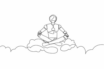 Poster - Single one line drawing robot relaxes meditation in lotus position on clouds. Future technology development. Artificial intelligence machine learning. Continuous line draw design vector illustration