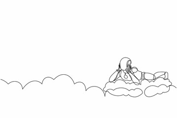 Aufkleber - Single continuous line drawing robot lay on the clouds and dreaming or thinking something. Robotic artificial intelligence. Electronic technology industry. One line draw design vector illustration