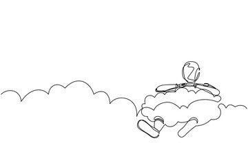 Poster - Single one line drawing robot hang in the clouds. Hoping for success. Future technology development. Artificial intelligence and machine learning. Continuous line design graphic vector illustration