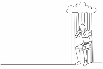 Poster - Single one line drawing robot sitting on chair under rain cloud. Future technology development. Artificial intelligence and machine learning processes. Continuous line draw design vector illustration