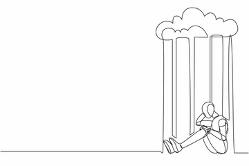 Poster - Continuous one line drawing robot feeling sad and depression sitting under rain and cloud. Humanoid robot cybernetic organism. Future robotic development. Single line draw design vector illustration