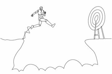 Poster - single continuous line drawing robot jumping over cliff to reach target. robotic artificial intellig
