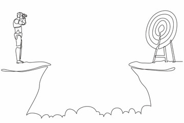 Poster - continuous one line drawing robot standing on cliff with binoculars in hand. business target goals. 