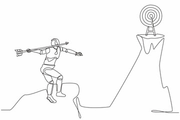 Poster - Single continuous line drawing robot standing on peak of cliff targeting arrow to dartboard. Modern robotic artificial intelligence. Electronic technology industry. One line draw graphic design vector