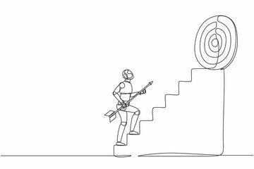 Poster - Single continuous line drawing robot holding arrow running up stairway to high target. Robotic artificial intelligence. Electronic technology industry. One line draw graphic design vector illustration