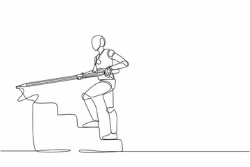 Poster - Continuous one line drawing robot use huge pencil to draw rising up stairs. Humanoid robot cybernetic organism. Future robotic development concept. Single line draw design vector graphic illustration
