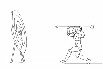 Poster - Single one line drawing robot point big arrow on target. Goal achievement. Future technology development. Artificial intelligence and machine learning. Continuous line draw design vector illustration