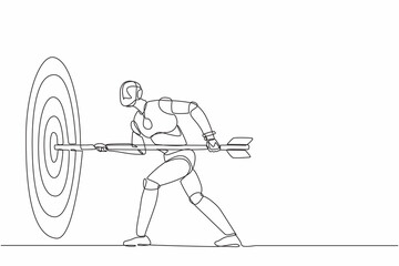 Poster - Single continuous line drawing robot hold arrow in hand to target, achievement goal. Robotic artificial intelligence. Electronic technology industry. One line draw graphic design vector illustration
