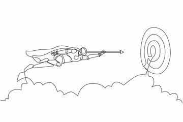 Poster - Continuous one line drawing robot superhero flying with arrow forward to goal to achieve success. Humanoid robot cybernetic organism. Future robotic development concept. Single line draw design vector