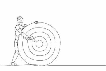 Poster - Single one line drawing robot holding archer target or dartboard and pointing at bullseye. Future technology. Artificial intelligence and machine learning. Continuous line design vector illustration