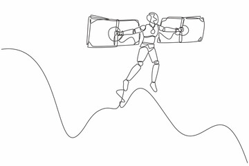 Poster - Single one line drawing robot flying on money wings. Financial freedom. Future technology development. Artificial intelligence and machine learning. Continuous line design graphic vector illustration