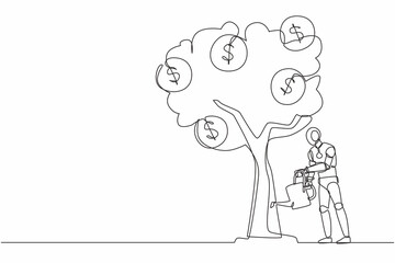 Poster - Single continuous line drawing robot watering tree with coins dollar symbol. Profit growth. Robotic artificial intelligence. Electronic technology. One line draw graphic design vector illustration