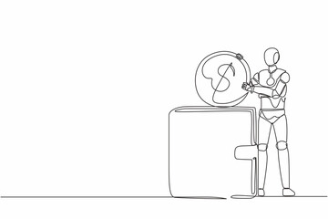 Poster - Continuous one line drawing robot putting dollar coin into big wallet. Humanoid robot cybernetic organism. Future robotics development concept. Single line draw design vector graphic illustration