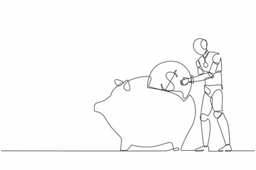 Poster - Continuous one line drawing robot putting dollar coin into piggy bank. Humanoid robot cybernetic organism. Future robotics development concept. Single line draw design vector graphic illustration