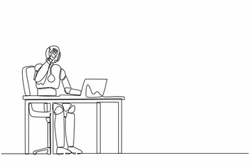 Poster - Continuous one line drawing robot work at laptop feeling bad, headache, exhausted. Humanoid robot cybernetic organism. Future robotics development. Single line draw design vector graphic illustration