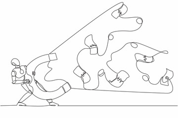 Poster - Single one line drawing robot using big magnet to attract money. Future technology development. Artificial intelligence and machine learning. Continuous line draw design graphic vector illustration