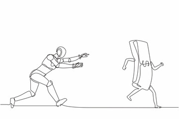 Poster - Single one line drawing robot running and chasing after run away money. Future technology development. Artificial intelligence and machine learning. Continuous line design graphic vector illustration