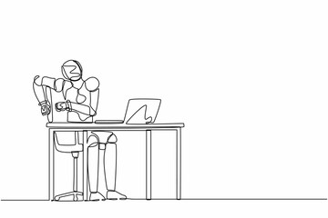 Poster - Single continuous line drawing scared robot looking at laptop computer screen. Modern robotic artificial intelligence. Electronic technology industry. One line draw graphic design vector illustration