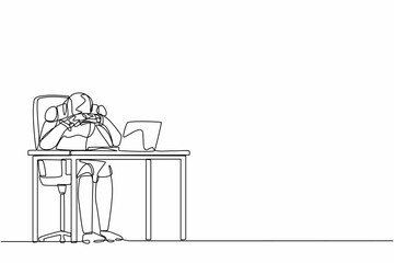 Aufkleber - Single one line drawing frustrated robot in doubt with hand on chin gesture. Future technology development. Artificial intelligence machine learning. Continuous line draw design vector illustration