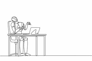 Poster - Continuous one line drawing robot manager laughing out loud while pointing his finger at laptop. Humanoid robot cybernetic organism. Future robotic development. Single line design vector illustration